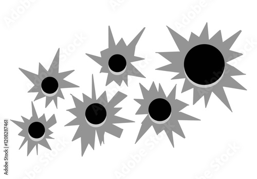 Bullet hole. gunshot hit in wall. Gun damage, break crack in steel background. Military war and army weapon decoration