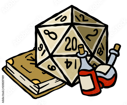 DND Dice with magic spell sticker. Cartoon character with 20 numbers. D20 sided tabletop board game
