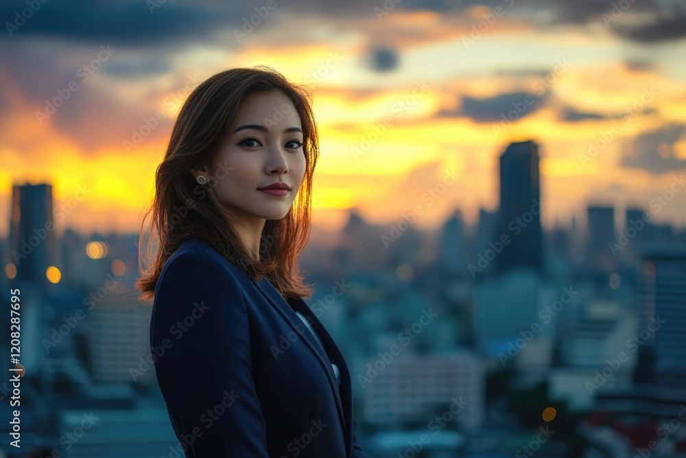 Confident businesswoman silhouetted against a vibrant sunset cityscape. Confident businesswoman silhouetted against a vibrant sunset cityscape.
