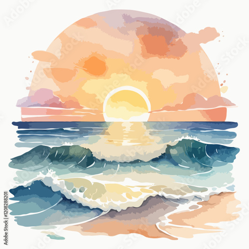 Serene Ocean Sunset: Vibrant Beach Waves and Aquamarine Horizon
