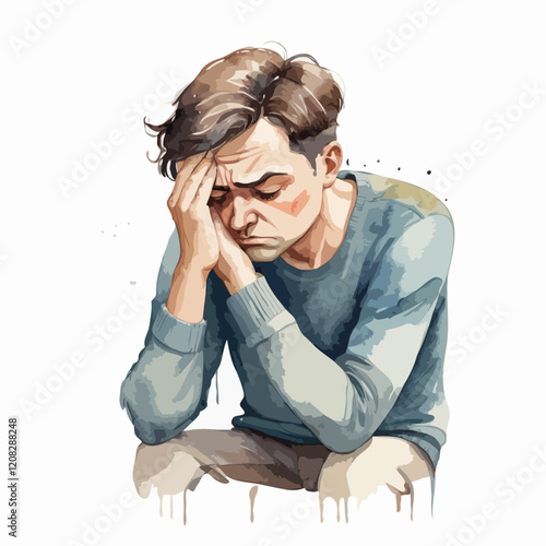 Emotive Portrait of a Thoughtful Man: Exploring Depression and Mental Health through Watercolor Art