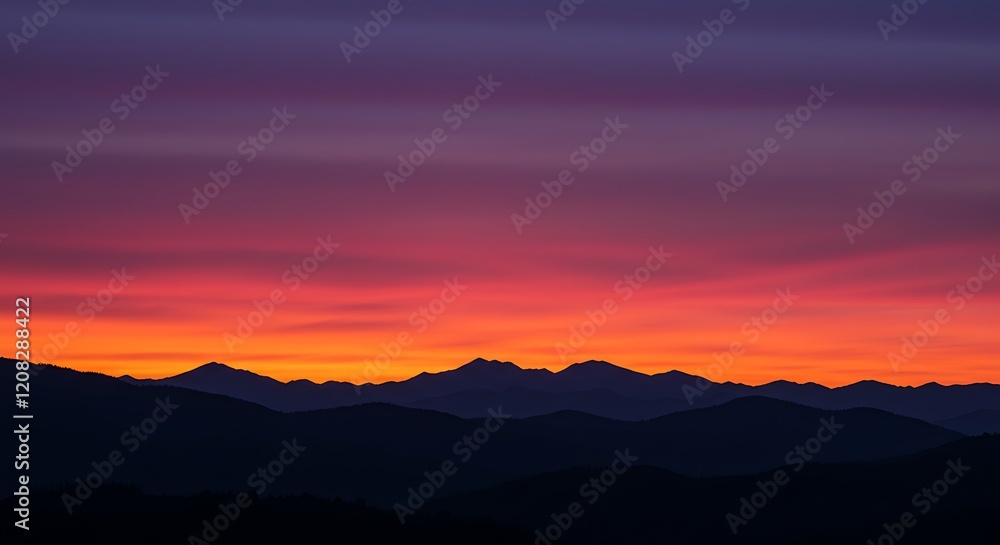 Obraz premium Vibrant colorful gradient sky over silhouetted mountain range at sunset, concept for travel inspiration, nature exploration and serene landscape photography