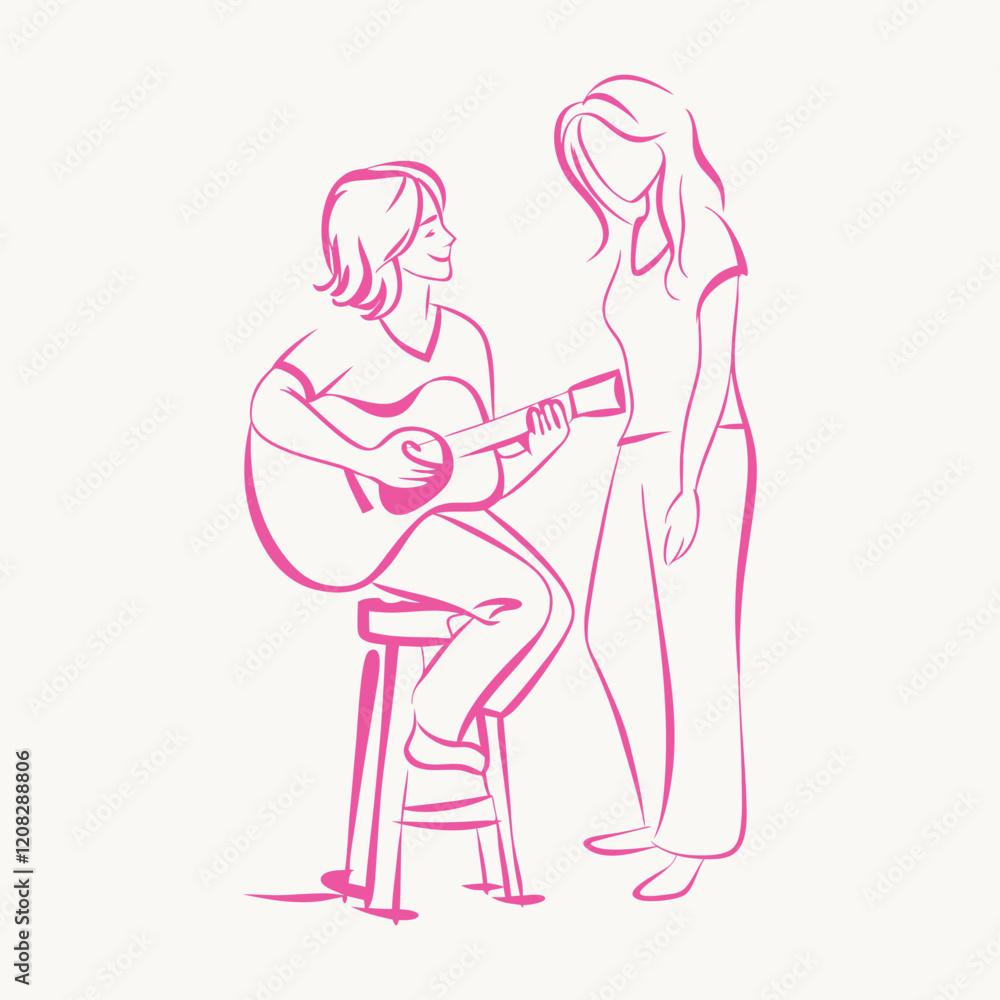 A partner playing a guitar while sitting on a stool. A partner playing a guitar while sitting on a stool.