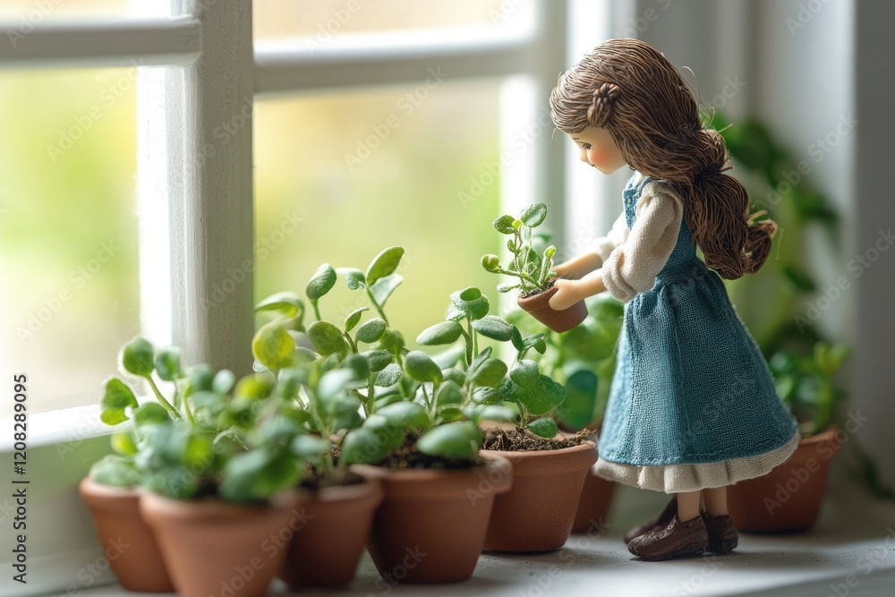 A miniature girl tends to her small potted plants by a bright window.