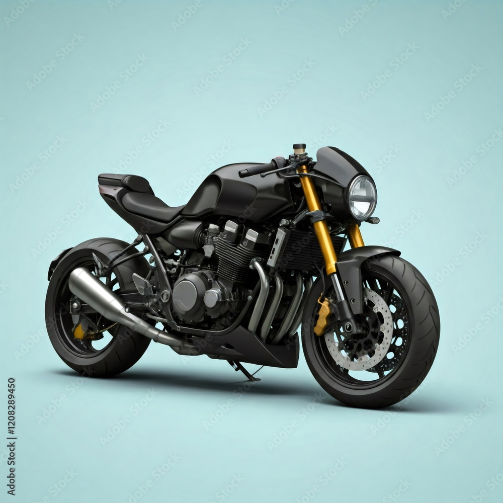 Black custom cafe racer motorcycle standing on light blue background Black custom cafe racer motorcycle standing on light blue background