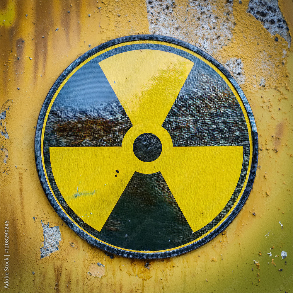Fototapeta premium Warning radioactive symbol. Aged yellow background.