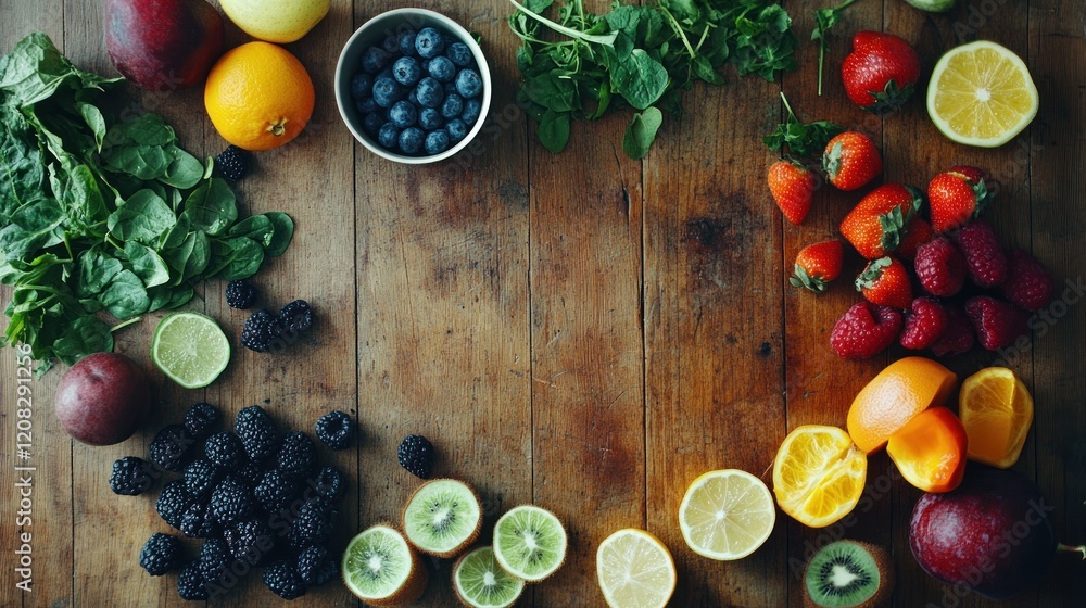 Vibrant Fruits and Greens on Rustic Wooden Table Vibrant Fruits and Greens on Rustic Wooden Table