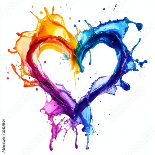 Isolated on a light background, vibrant paint splashes form a beautiful, multi-colored heart shape, embodying the concept of love in an artistic oil image photo