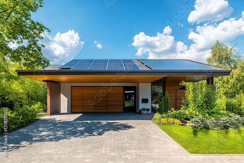 Contemporary carport attached to a single-family home, featuring solar panels on the roof and a wallbox for EV charging. A clean and sustainable design.