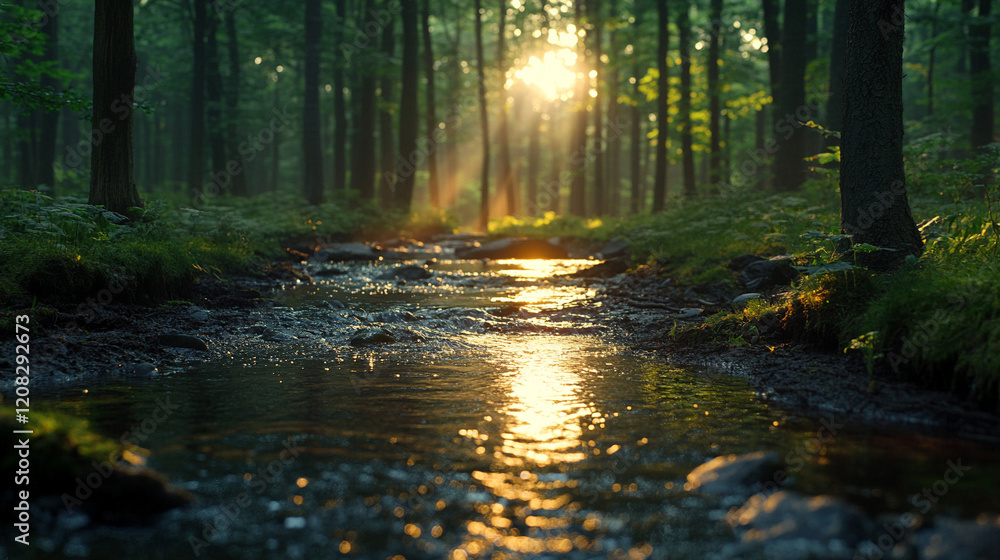 A serene stream flows gently through a lush forest, embodying tranquility and the natural rhythm of life, with a blurred space beside it offering a calm, blank canvas for peaceful contemplation

