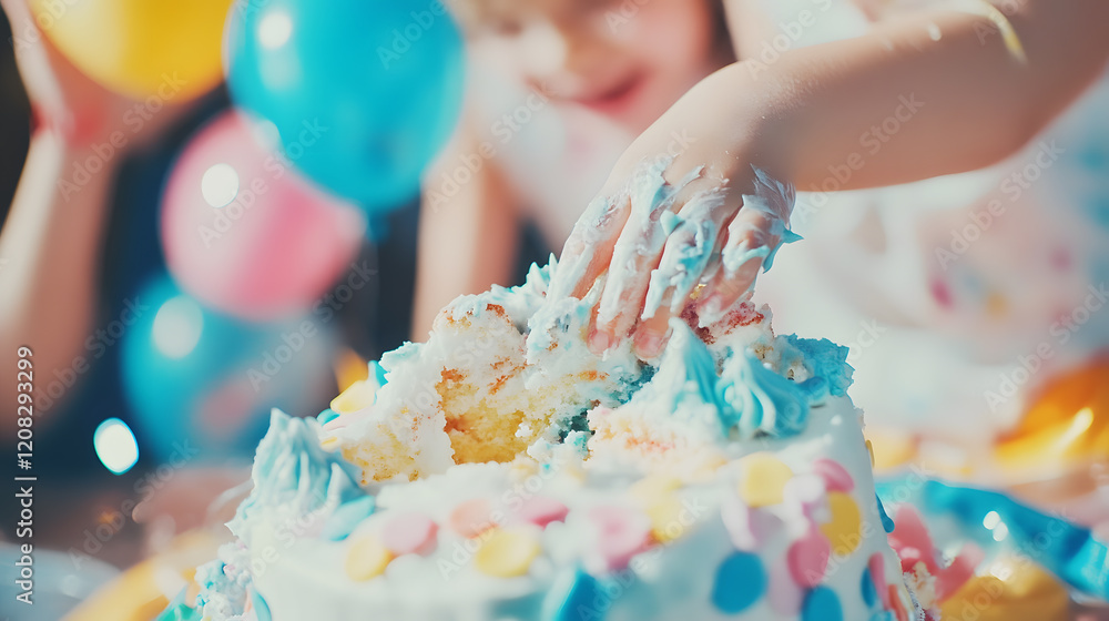 A child's hand, covered in frosting, reaches for a brightly decorated birthday cake. Balloons and a blurred child in the background add to the festive atmosphere. A moment of pure joyful mess. A child's hand, covered in frosting, reaches for a brightly decorated birthday cake. Balloons and a blurred child in the background add to the festive atmosphere. A moment of pure joyful mess.