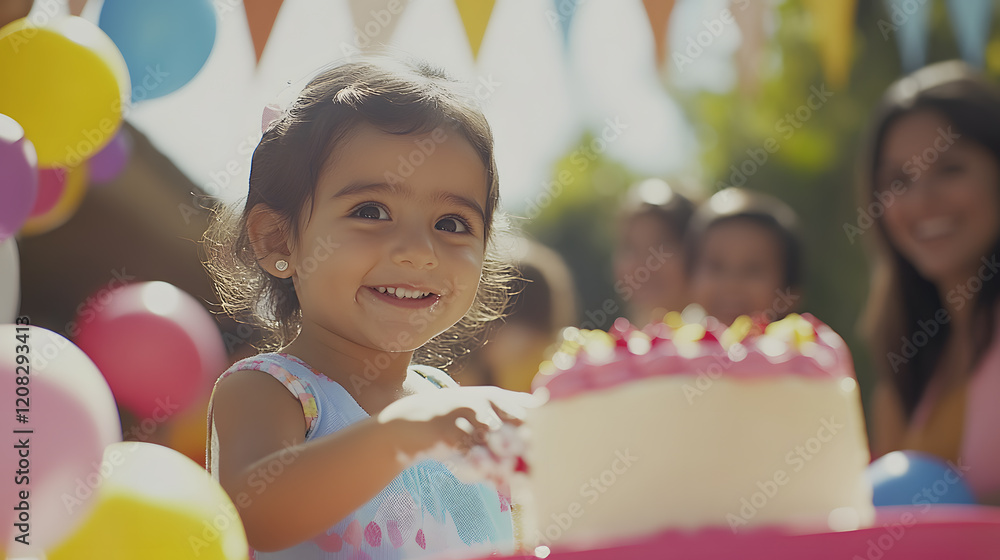 A cute little girl smiles at the camera while reaching for a birthday cake at an outdoor party. Balloons and other children are visible in the background. A cute little girl smiles at the camera while reaching for a birthday cake at an outdoor party. Balloons and other children are visible in the background.