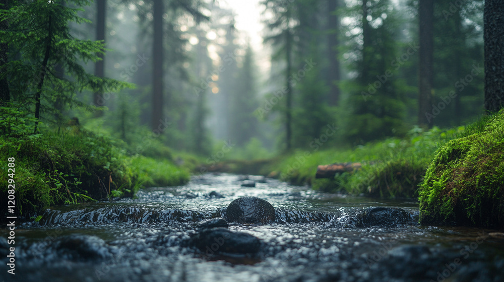 A serene stream flows gently through a lush forest, embodying tranquility and the natural rhythm of life, with a blurred space beside it offering a calm, blank canvas for peaceful contemplation

