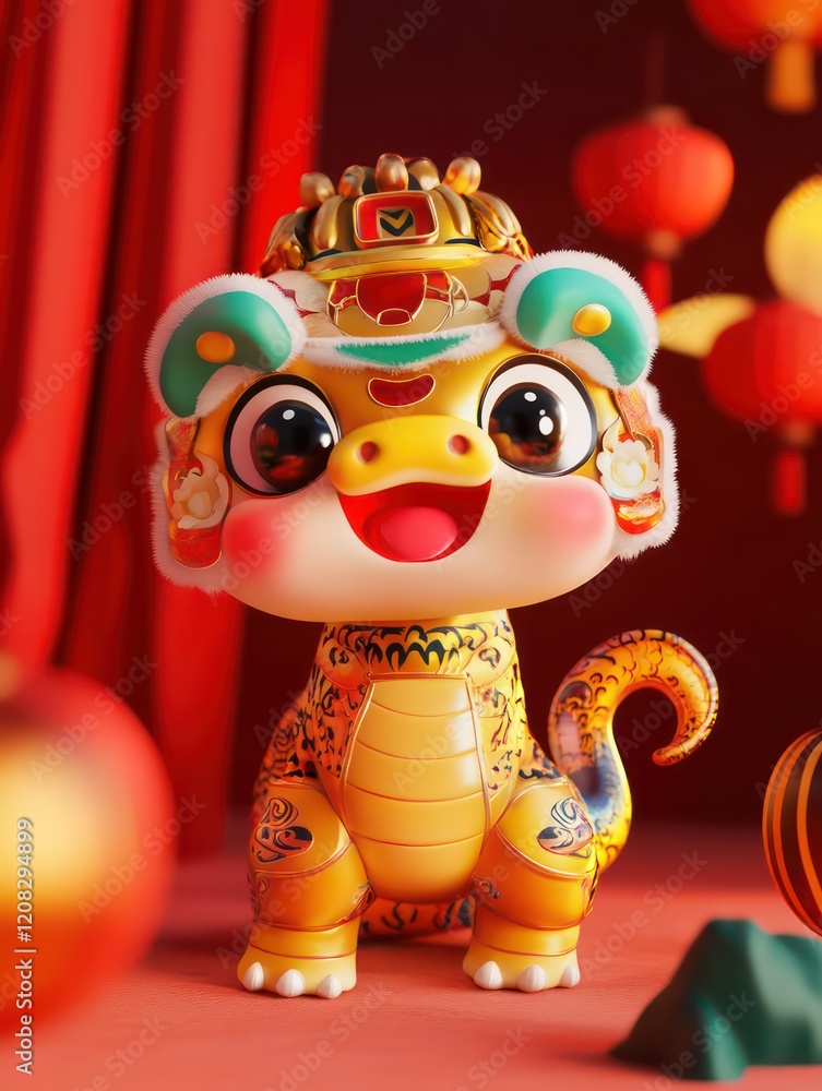 3D, cute, golden snake with snake body, a snake tail, wearing a lion dance hat 3D, cute, golden snake with snake body, a snake tail, wearing a lion dance hat