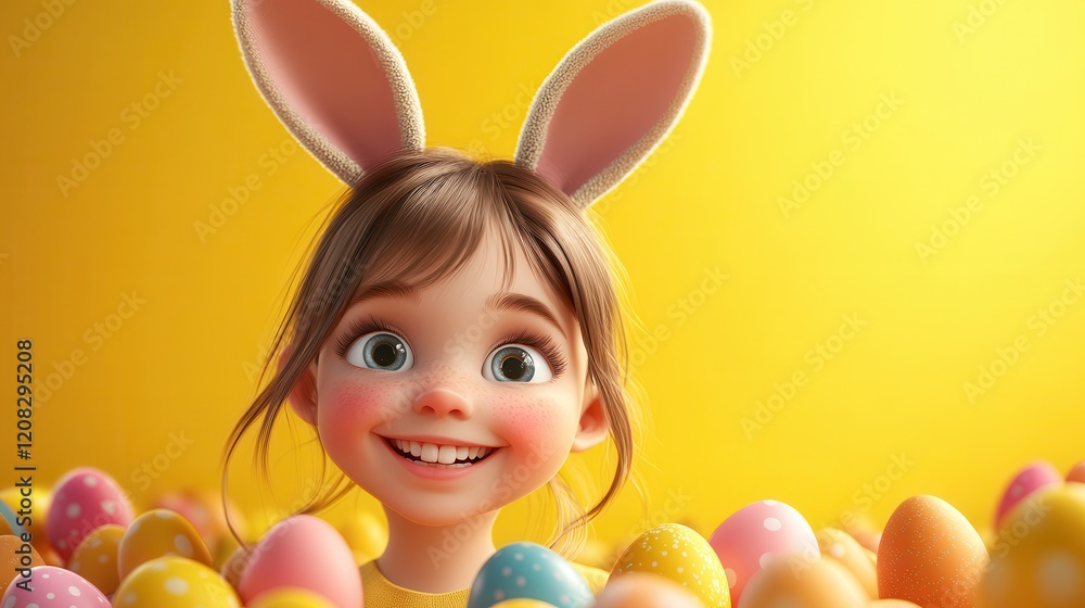 Joyful little girl in bunny ears surrounded by colorful easter eggs Joyful little girl in bunny ears surrounded by colorful easter eggs
