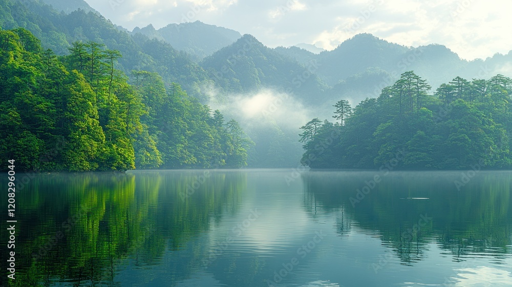 Naklejka premium Misty Mountain Lake Serenity: A Breathtaking View of Nature's Tranquility