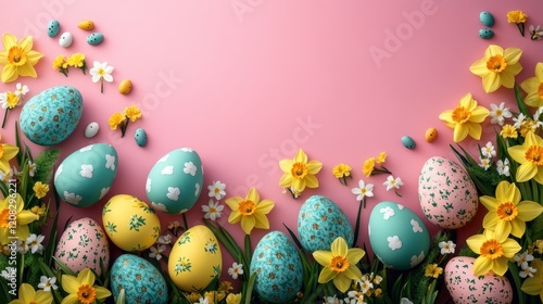 Easter pastel background with colorful eggs and spring flowers for festive design