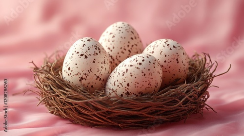 Charming easter greeting card design with speckled eggs in a nest
