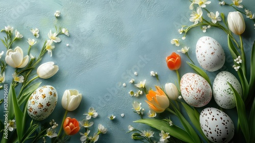 Easter celebration background with colorful eggs and spring flowers