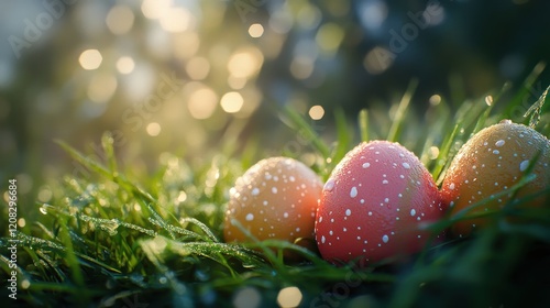 Colorful easter eggs in dewy spring grass at sunrise for festive design and decoration