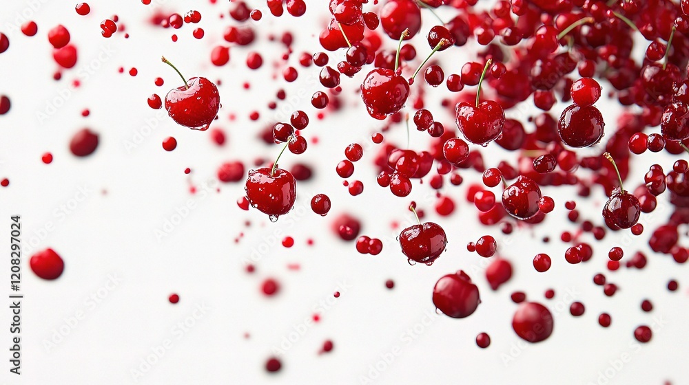 Juicy Cherry Falling with Water Drops on Isolated White Background Juicy Cherry Falling with Water Drops on Isolated White Background