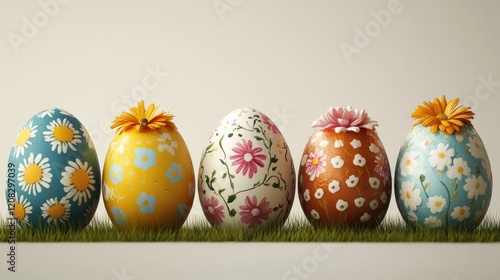 Colorful easter eggs decorated with floral patterns on grass