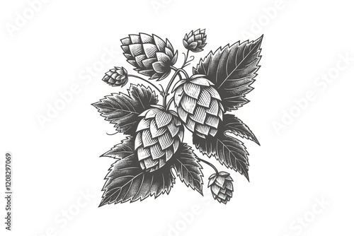 Vintage hop branch engraving, sketch vector illustration, isolated print