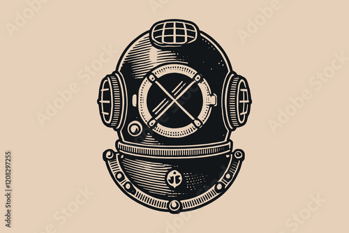 Retro diver's helmet, vintage engraving-style vector icon, black and simple