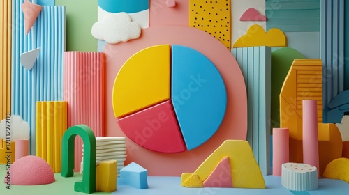 Vibrant pie chart surrounded by playful geometric shapes and colorful spheres