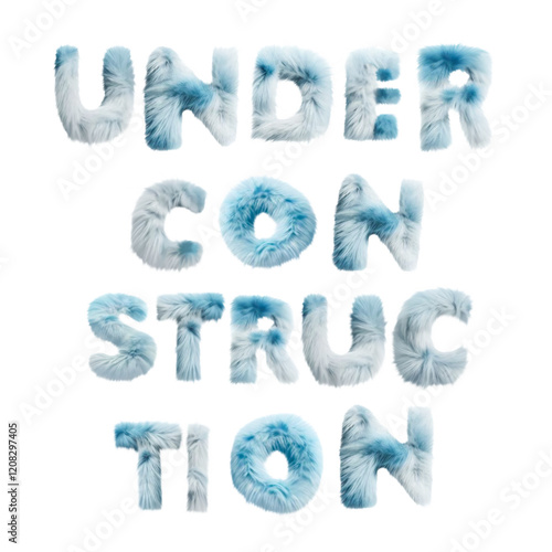 Fluffy, furry English text: Under construction. Symbolic image for maintenance work on a website. Thoroughly isolated in front of a transparent background. 