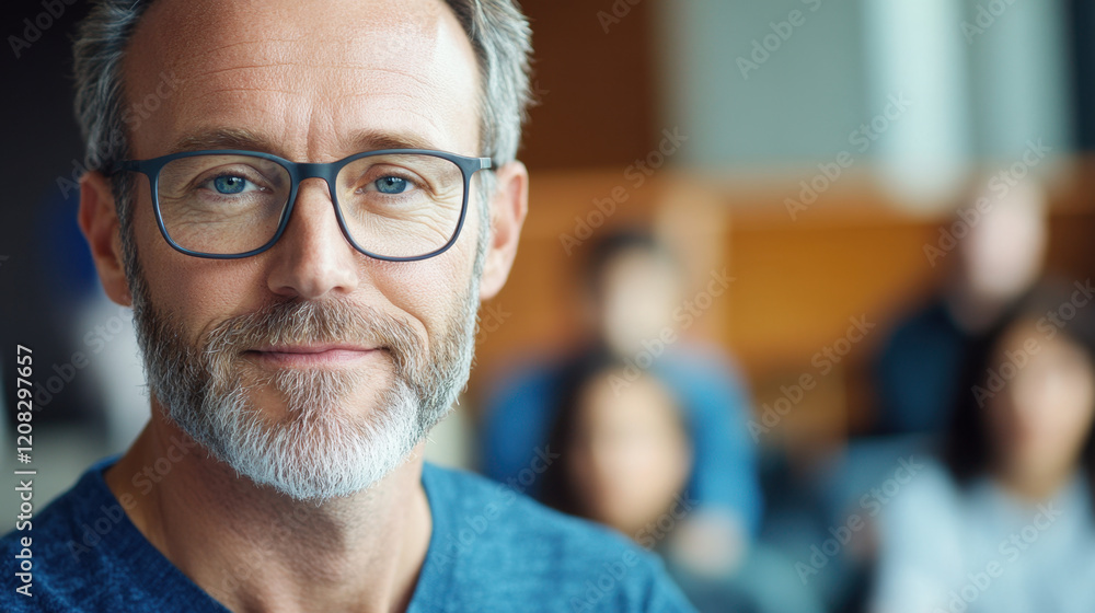 In a modern meeting room, a handsome middle-aged man with glasses expresses confidence by smiling at those gathered. The background features engaged individuals focused on the discussion. In a modern meeting room, a handsome middle-aged man with glasses expresses confidence by smiling at those gathered. The background features engaged individuals focused on the discussion.