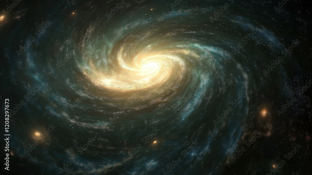 Fototapeta premium Bright cosmic spiral galaxy glowing with energetic golden and teal light