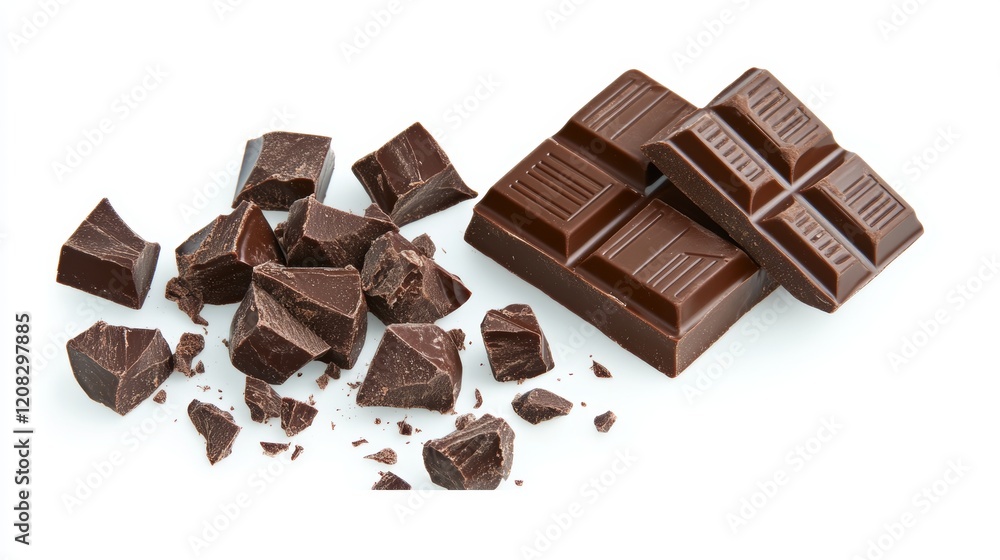Delicious chocolate pieces scattered on an isolated white background creating a chaotic, appealing arrangement for dessert lovers Delicious chocolate pieces scattered on an isolated white background creating a chaotic, appealing arrangement for dessert lovers
