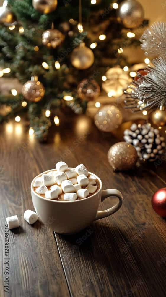 Warm holiday cocoa by the christmas tree with sparkling lights and cozy decor Warm holiday cocoa by the christmas tree with sparkling lights and cozy decor