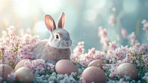 Charming easter card design with rabbits, eggs, and floral elements