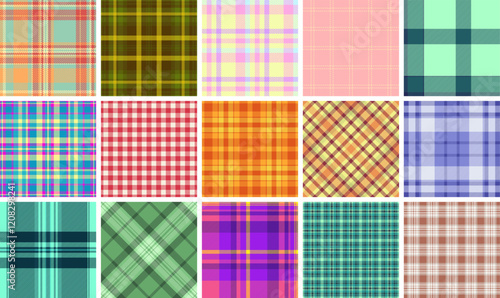 Plaid textile collection with a mix of striped and checkered designs, ideal for fabric, shirts, or classic British-themed decor.