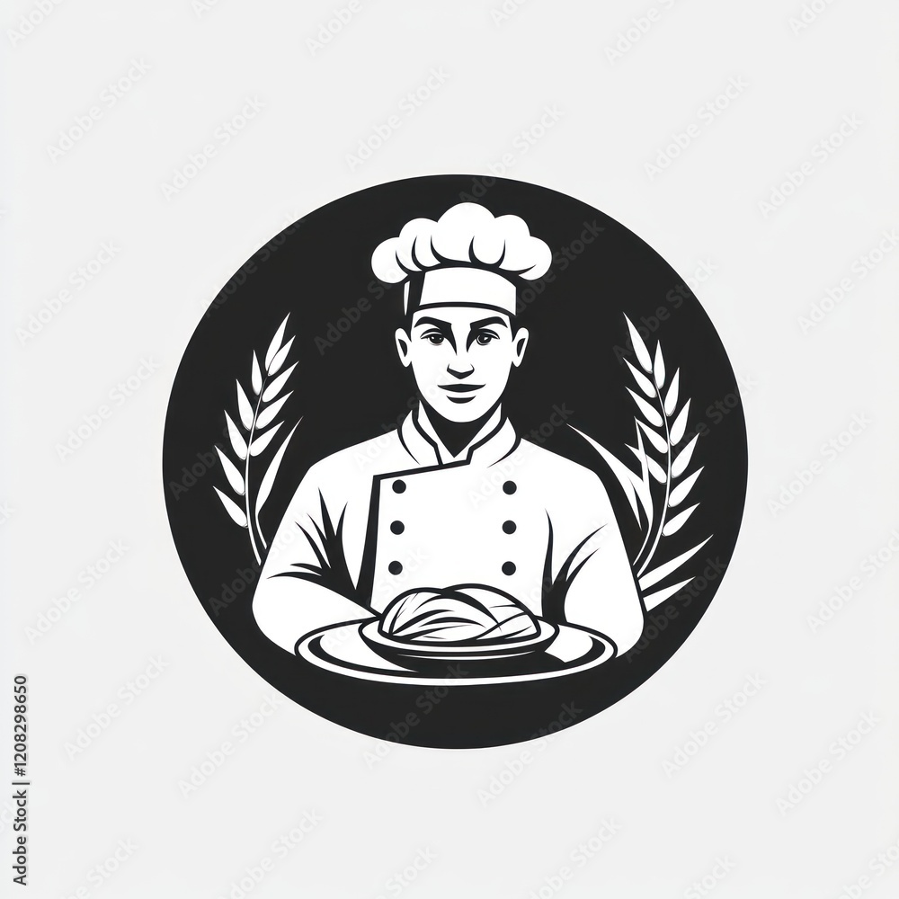 Chef holding bread, illustration style, isolated, can be used for food menus or banners Chef holding bread, illustration style, isolated, can be used for food menus or banners