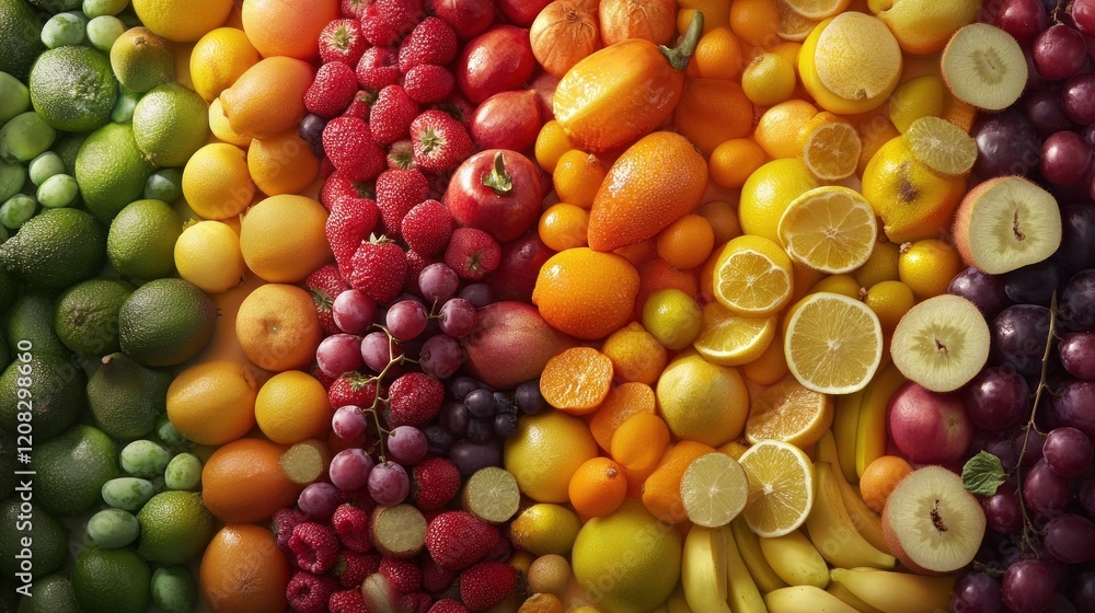 A vibrant rainbow of fresh fruits arranged in a colorful spectrum, showcasing a delightful array of nature's bounty. A vibrant rainbow of fresh fruits arranged in a colorful spectrum, showcasing a delightful array of nature's bounty.