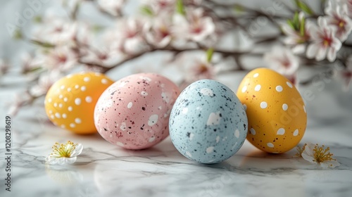 Vibrant easter eggs with marble patterns amidst blossoming spring flowers