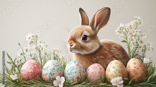 Cute easter rabbit with decorated eggs and spring flowers celebration