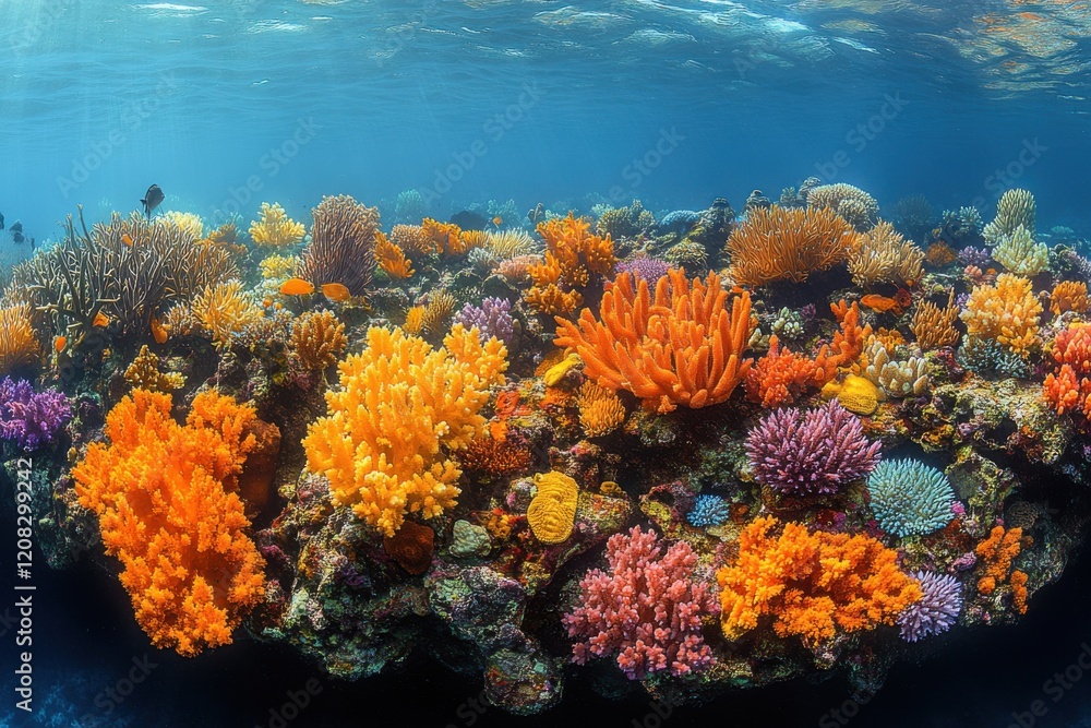 Naklejka premium Colorful Coral Reef Paradise: Marine Life and Rock Formations Below the Surface