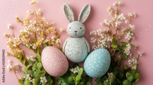 Charming easter decorations with colorful wooden eggs and floral arrangements