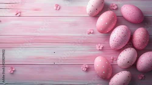 Vibrant pink easter eggs on rustic wooden background for festive decor
