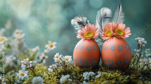 Spring inspired easter arrangement with decorated eggs and floral accents