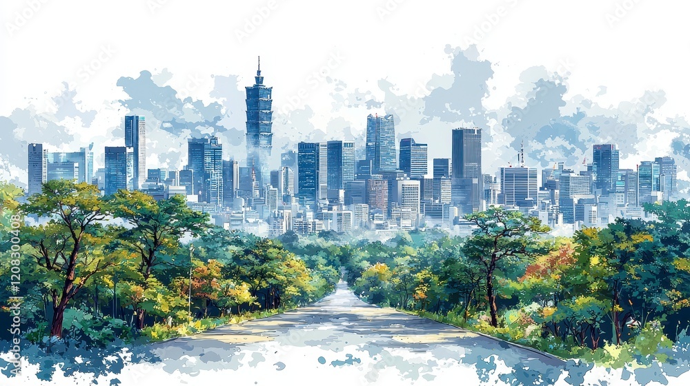 Obraz premium Cityscape with road and lush trees.