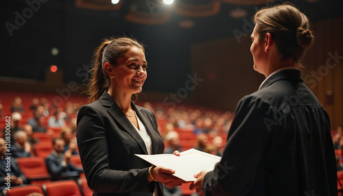 Smiling woman receiving certificate on stage, professional achievement, ceremony backdrop