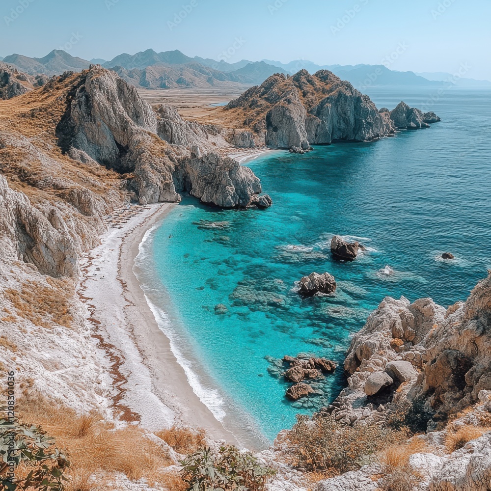 Obraz premium Serene Secluded Beach with Turquoise Waves and Jagged Cliffs