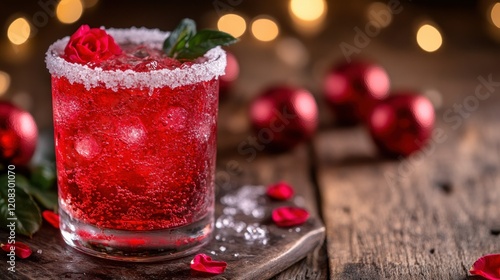 Festive Red Cocktail with Rose Garnish for Holiday Cheer photo