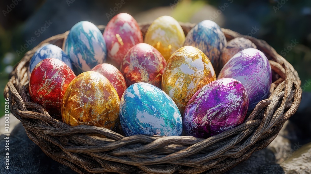 Vibrant easter eggs in woven basket for festive holiday decorations Vibrant easter eggs in woven basket for festive holiday decorations
