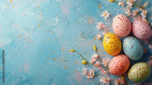 Colorful easter egg arrangement on floral background